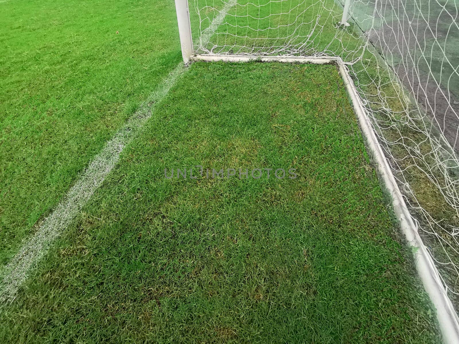 Empty soccer gate at the green grass stadium