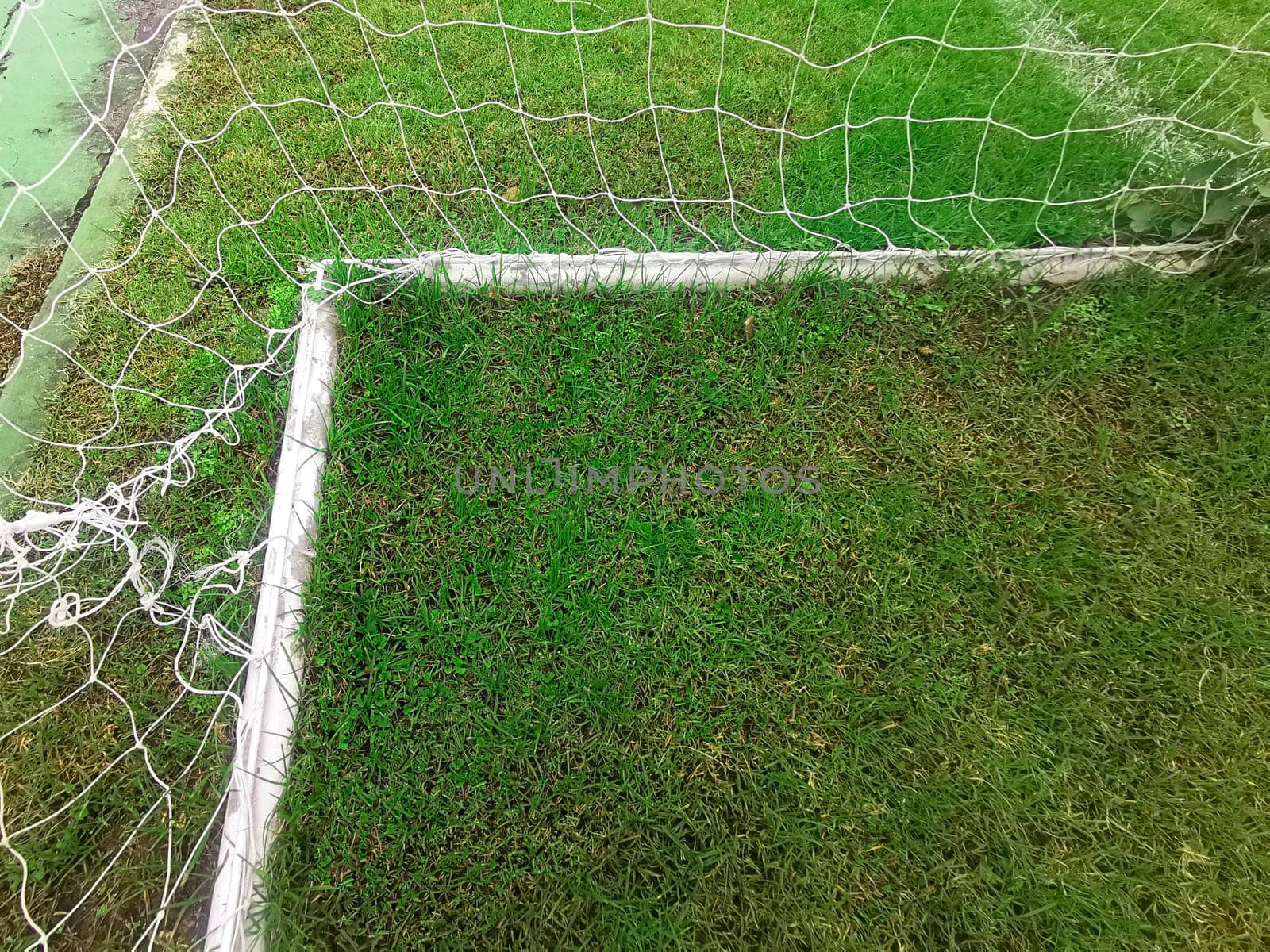 Empty soccer gate at the green grass stadium