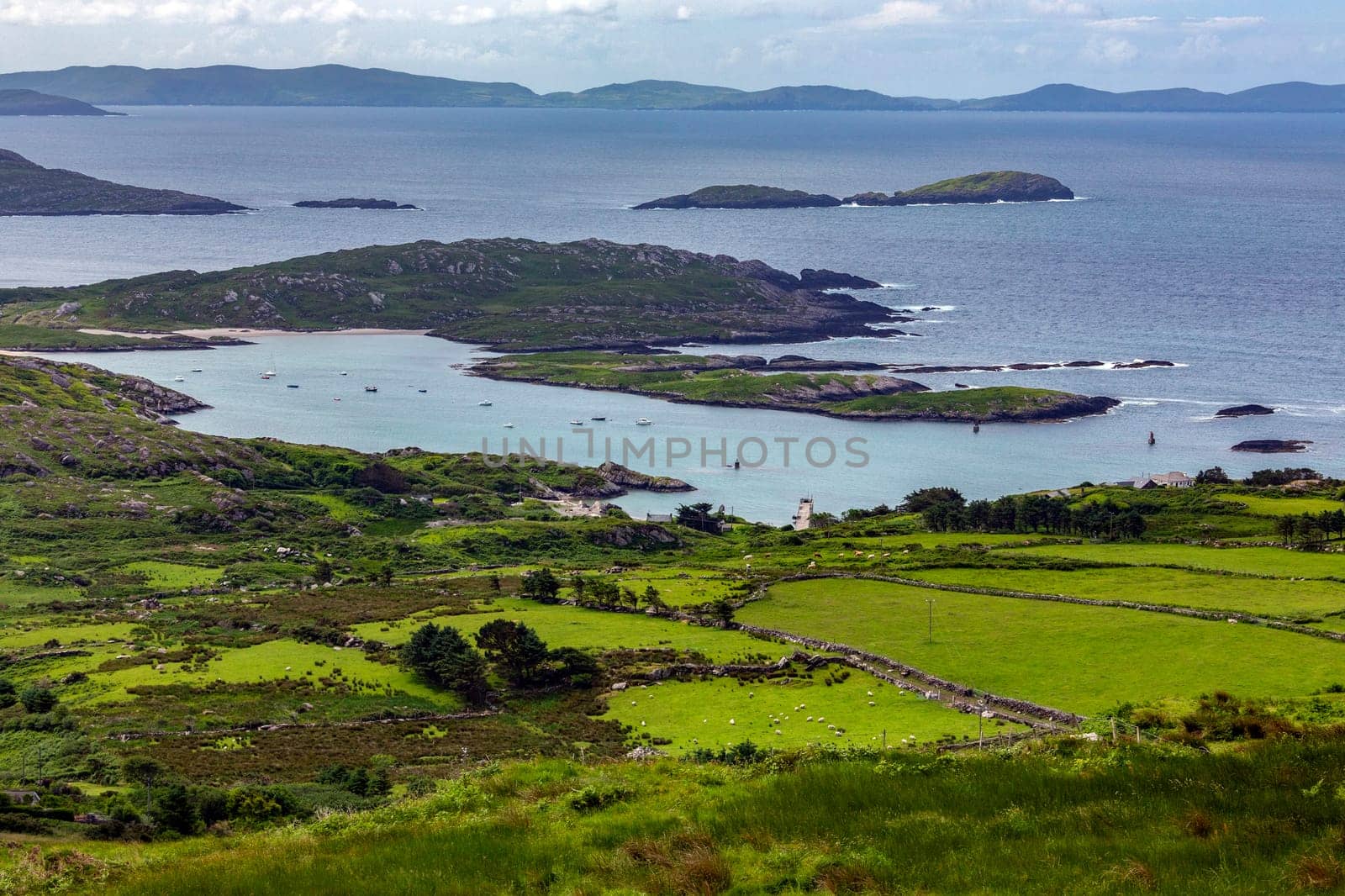 Scenic coastal landscape on the Ring of Kerry, a part of the Wild Atlantic Way on the west coast of the Republic of Ireland.