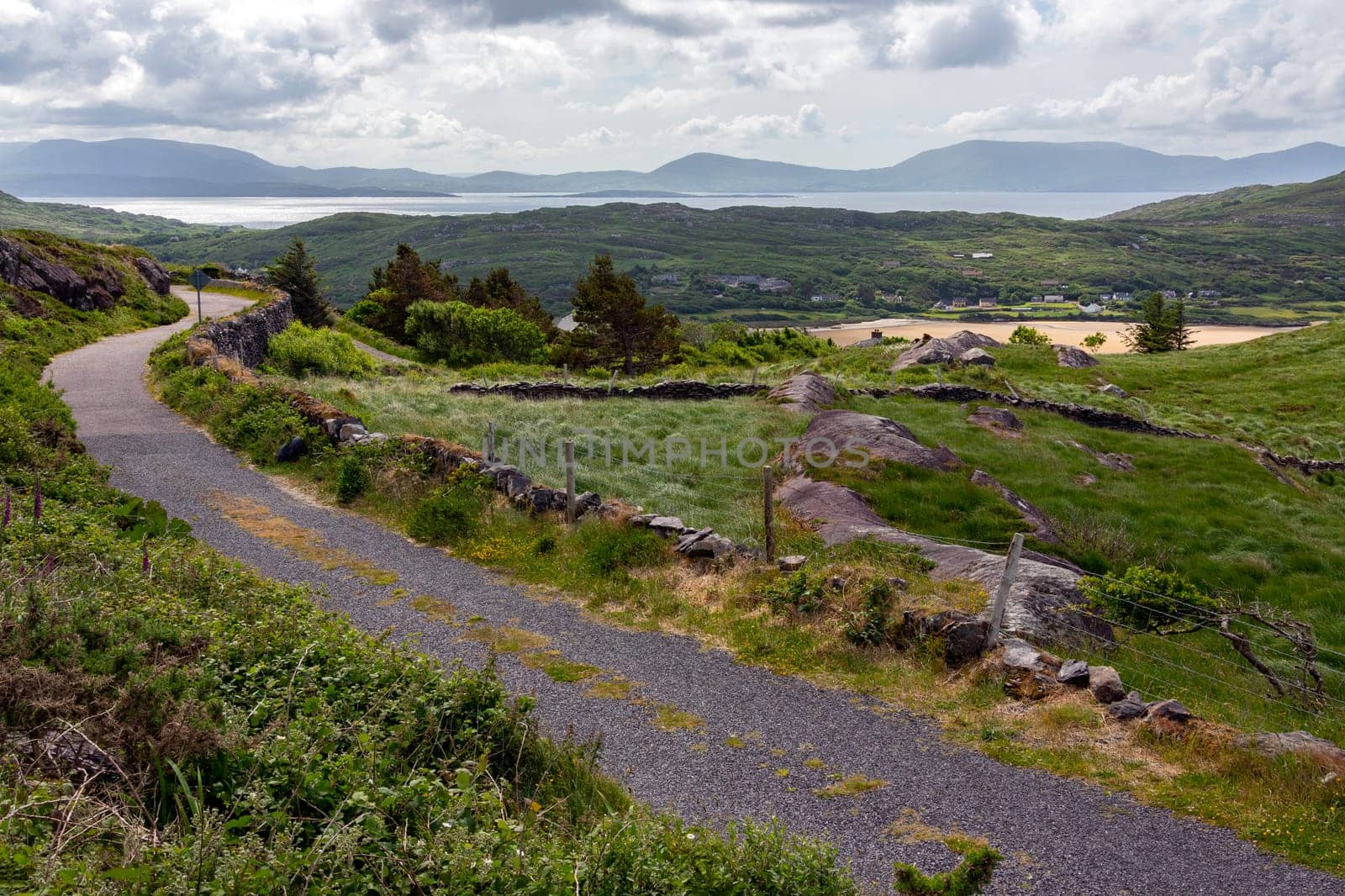 Scenic coastal landscape on the Ring of Kerry, a part of the Wild Atlantic Way on the west coast of the Republic of Ireland.
