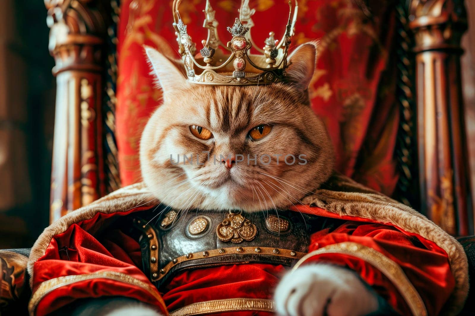A cat sitting elegantly on a royal throne at the castle. AI generated