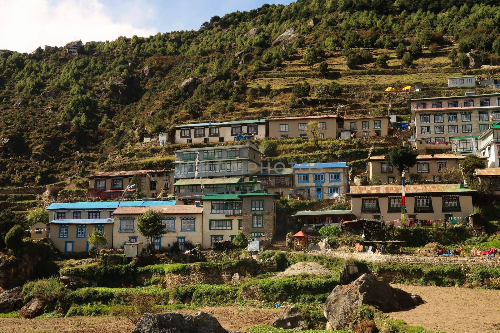 Buildings, teahouses in Namche Bazar, Bazaar, Mount Everest Basecamp Trek, EBC, Nepal 2022