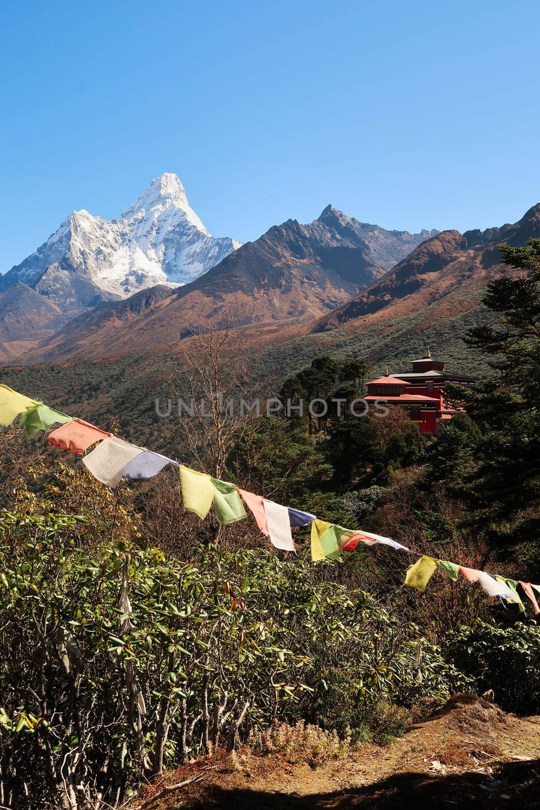 View onto the monastery of the Tengboche village with a prayer flag in the foreground and the peak of Mount Ama Dablam in the background, Mount Everest Base Camp Trek, EBC, Nepal 2022