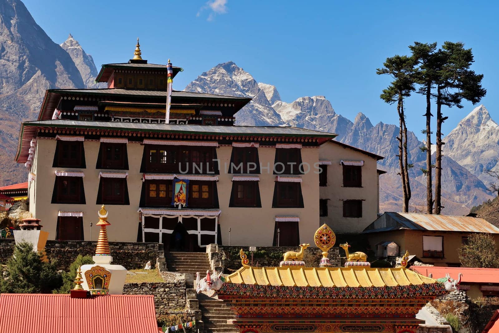 The tibetan Buddhist monastery in Tengboche, Tangboche village, snow- capped mountains can be seen in the background, Mount Everest Base Camp Trek, EBC, Nepal 2022