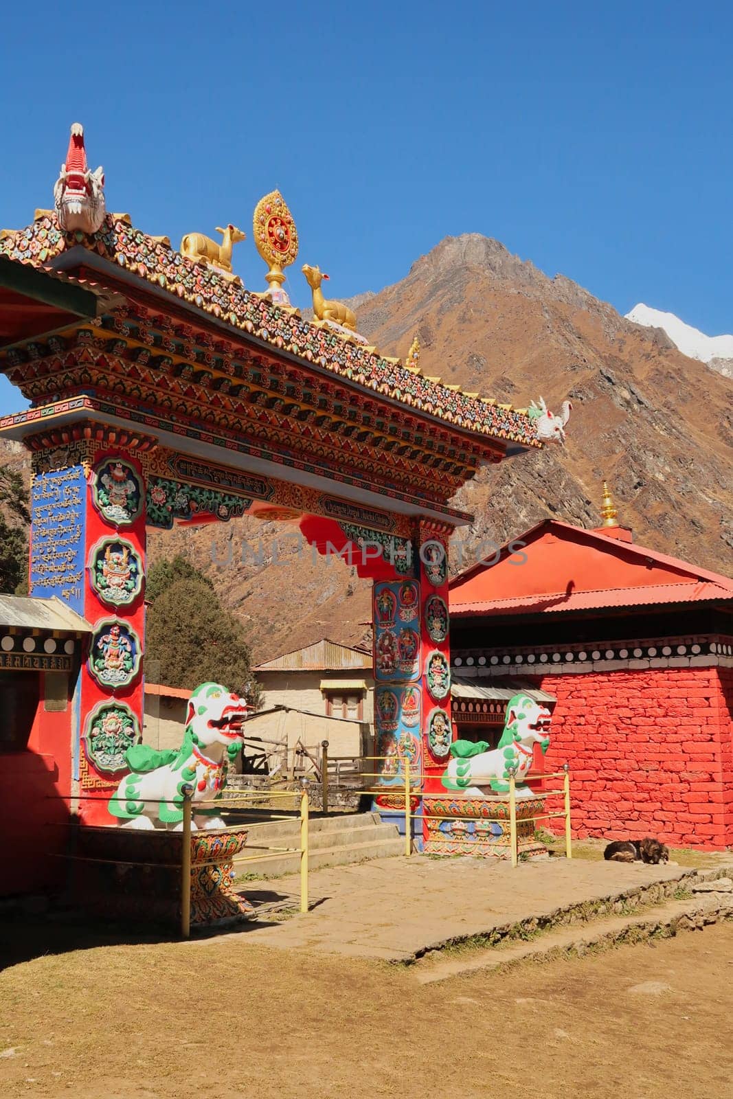 The elaborate colorful entrance gate to the tibetan buddhist monastery of Tengboche, Tangboche village with a dog sleeping right next to it, Mount Everest Base Camp Trek, EBC, Nepal 2022