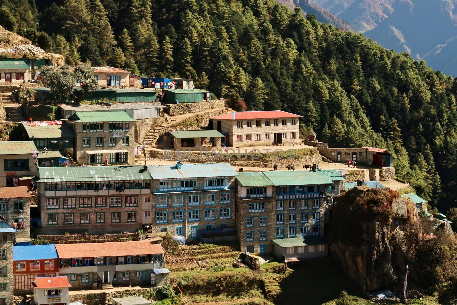 View onto teahouses, gues houses, buildings in a colorful neighborhood of Namche Bazaar, Bazar Mount Everest Base Camp Trek, EBC, Nepal 2022