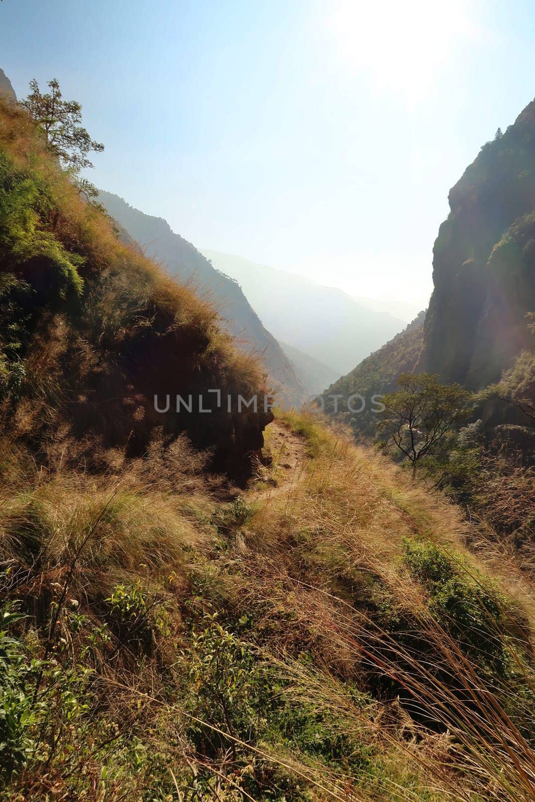 Narrow trail running, winding along a steep hill with dense vegetation above the valley, canyon of the Marsyangdi River, close to Chamje, Chamche village Annapurna Circuit Trek, Nepal 2022