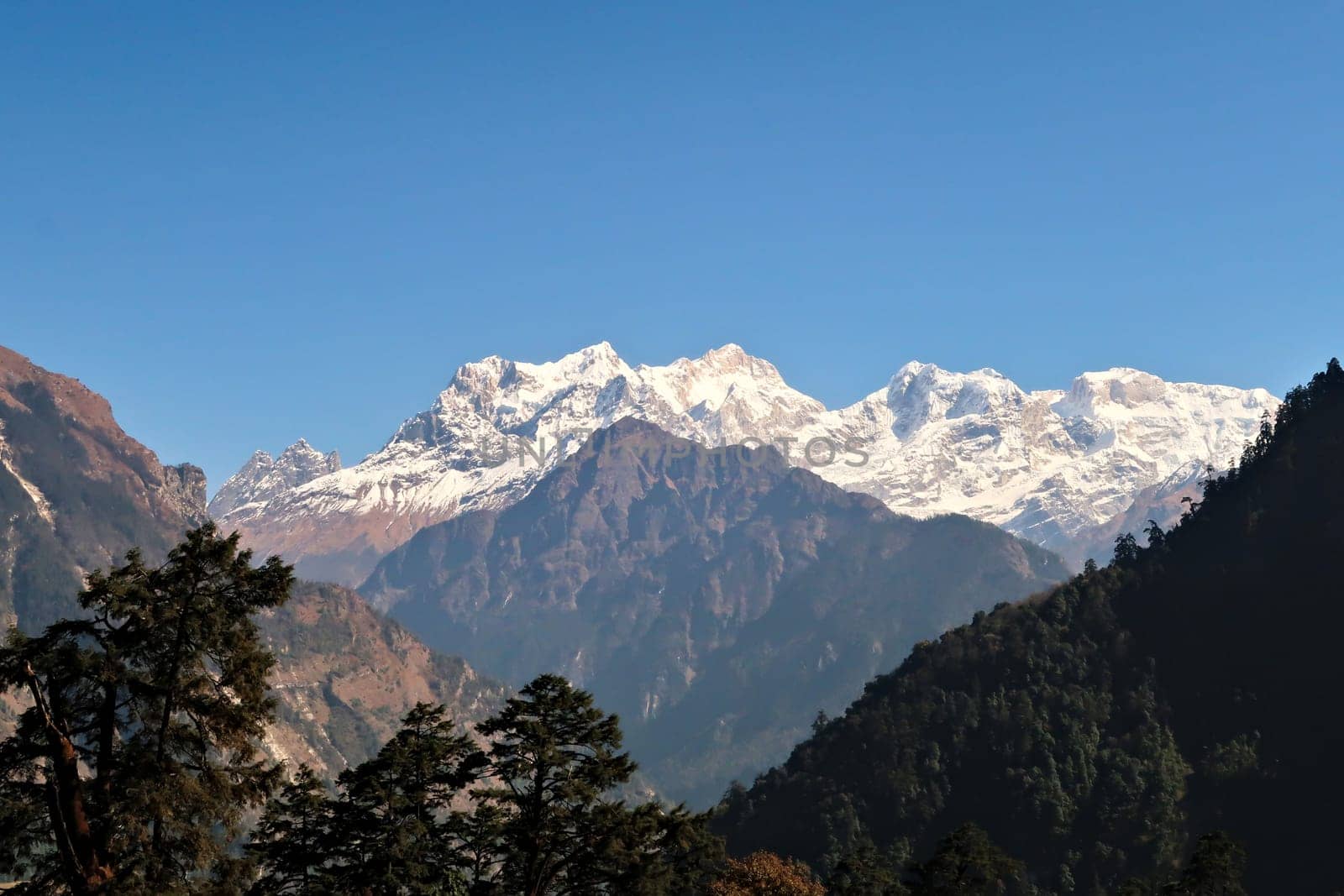 View onto the snow capped peak of Mount Manaslu from the trail leading up to Timang village, Annapurna Circuit Trek, Nepal 2022
