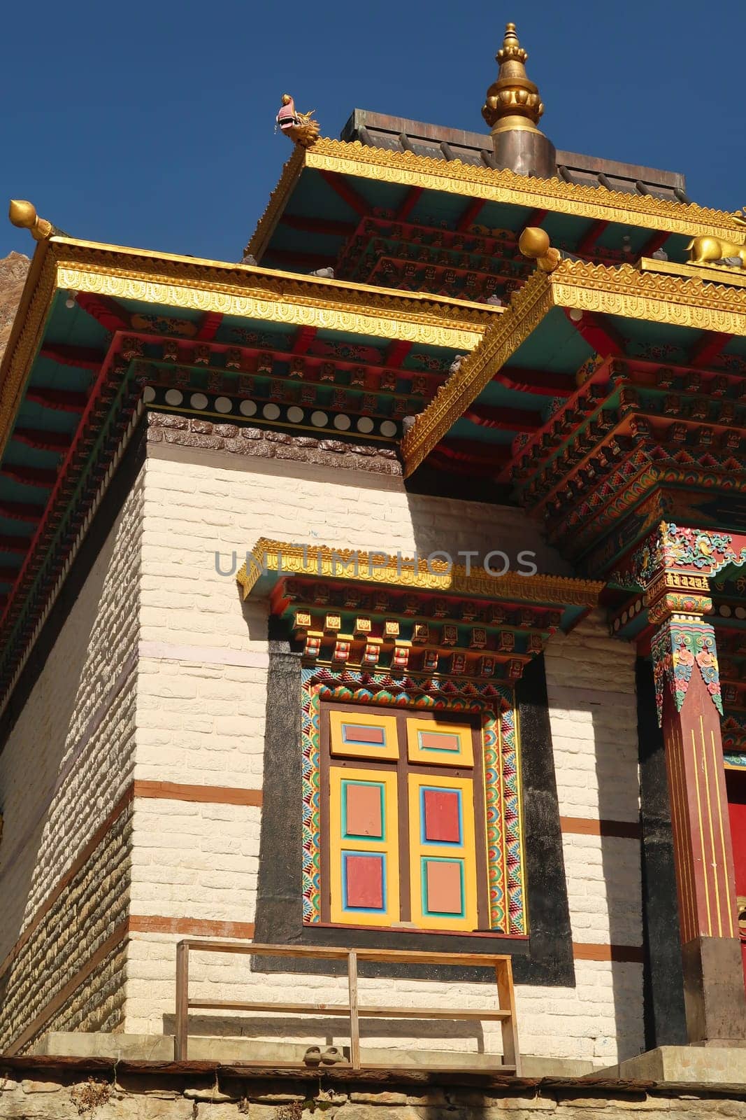 The colorful details on the facade of the tibetan buddhist temple in Upper Pisang, Annapurna Circuit Trek, Nepal 2022