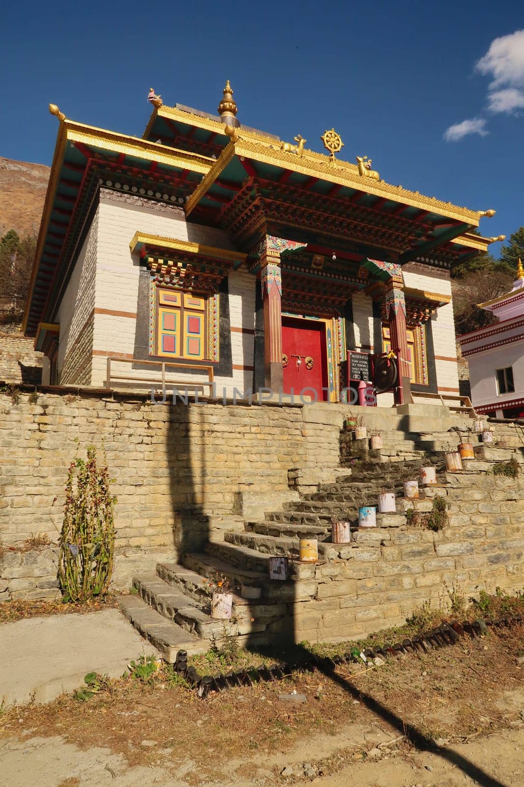 The colorful tibetan buddhist temple in Upper Pisang, Annapurna Circuit Trek, Nepal 2022
