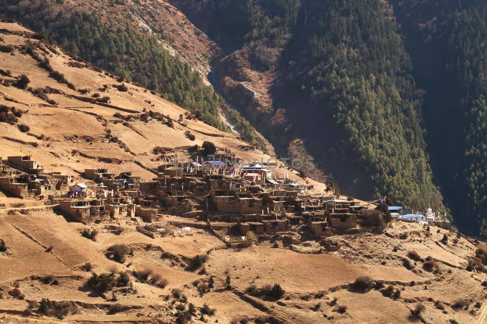 View from the trail to Manang back to the traditional mountain village of Ghyaru, Annapurna Circuit Trek, Nepal 2022