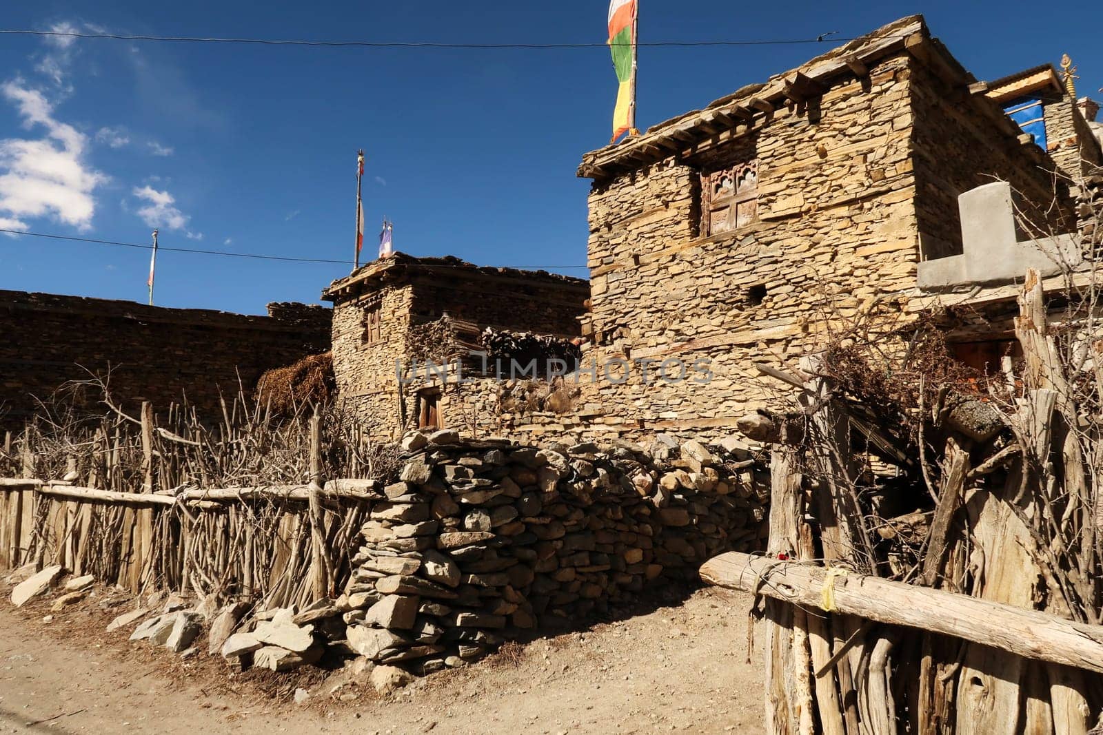 Some traditional rural houses in the mountain village of Ngawal, made from stone and wood, Annapurna Circuit Trek, Nepal 2022