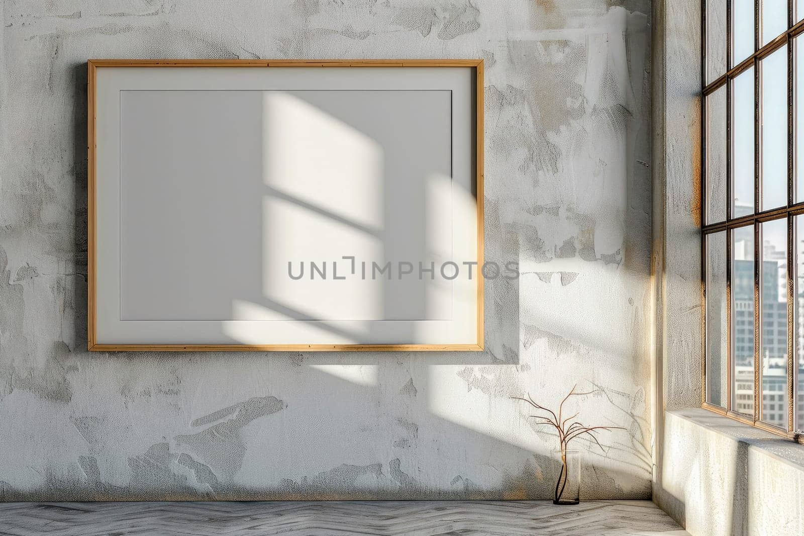 Simple minimalist aesthetic frame mockup poster hanging on the wall lit by sunlight. Blank picture frame on the wall  with window light and shadow. AI generated