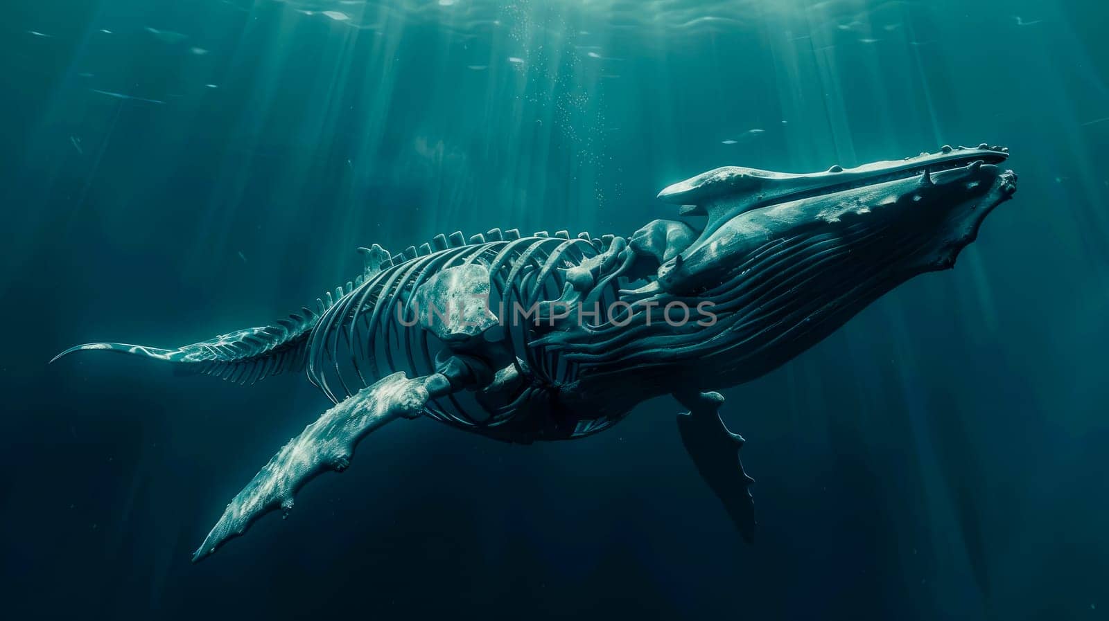 Whale skeleton swimming underwater in a deep blue sea. AI generated