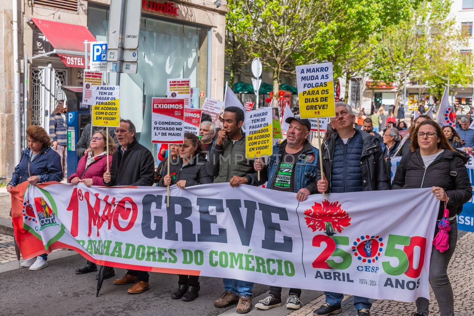 Porto, Portugal: May 1, 2024: Celebration and Protest of the May 1in Portugal, Labour Day, in Porto, Portugal