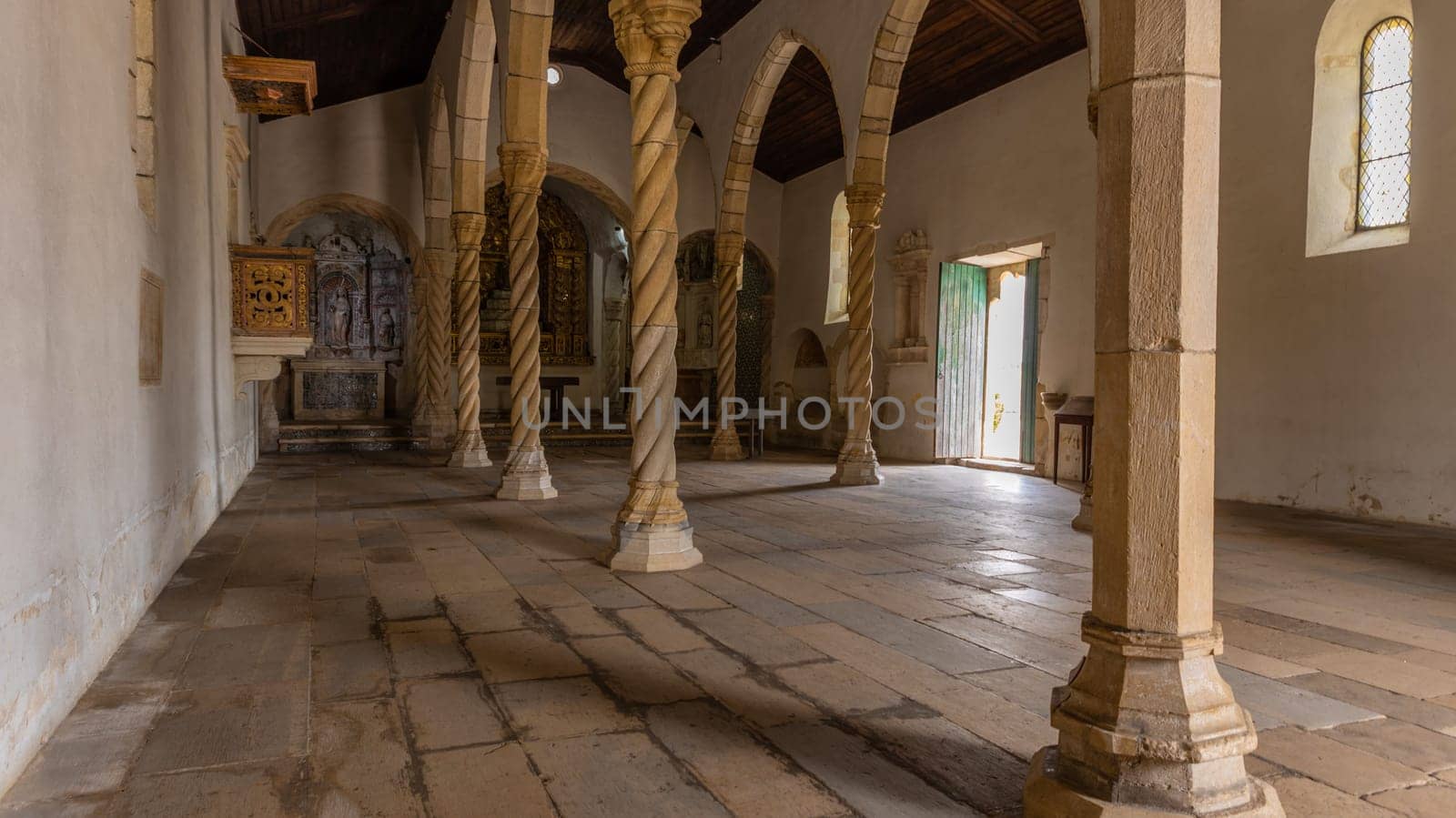 Montemor-o-Velho, Portugal, July 8, 2024: Church of Santa Maria da Alcacova at Montemor-o-Velho town in Portugal.