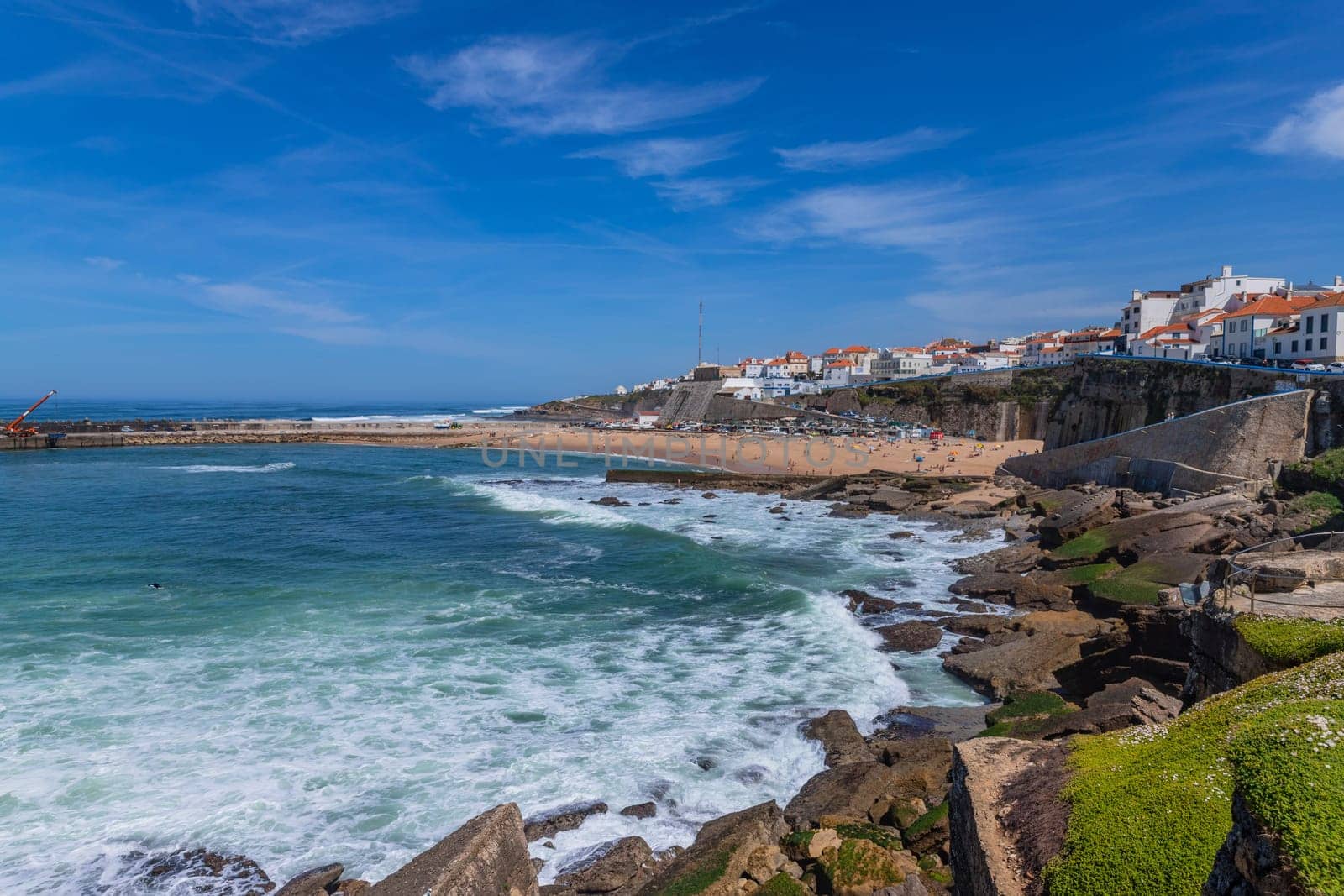 Ericeira Portugal: April 13, 2024: View of the Praia dos Pescadores (fishermen beach) in Ericeira village near Lisbon. Ericeira Portugal