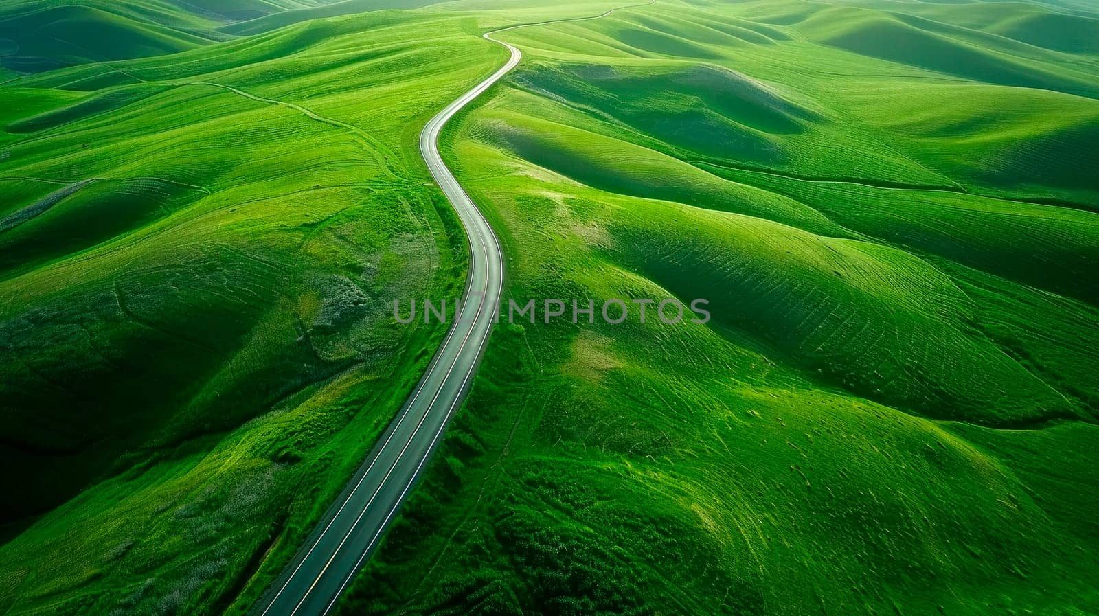 Aerial view of an empty road in the middle of the green hills. Road travel concept. AI generated