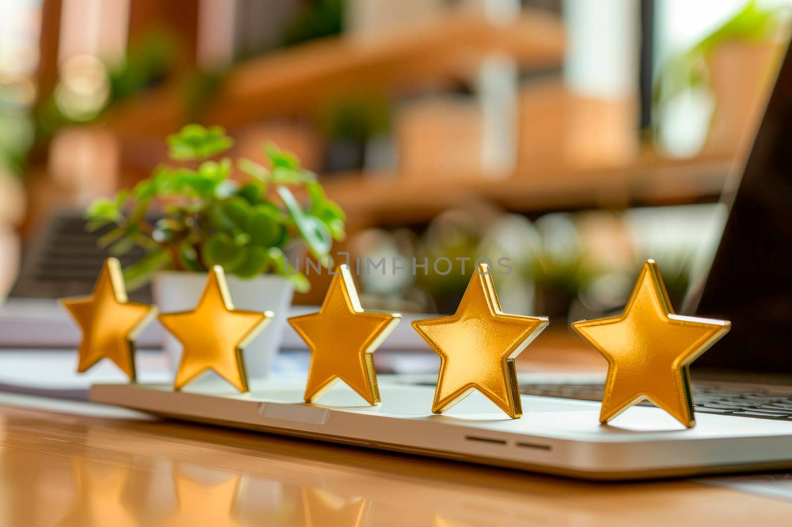 Five golden stars of review in front of laptop computer on the desk. Golden stars of review or ranking. AI generated