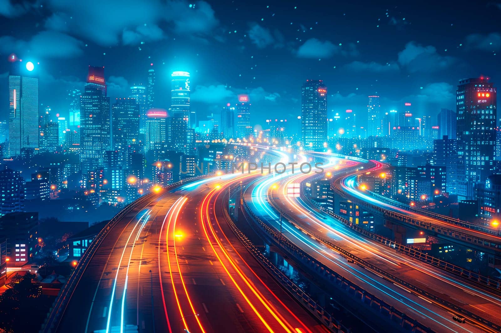 Highway with vehicle light trails leading to modern illuminated night cityscape. Aerial view. AI generated