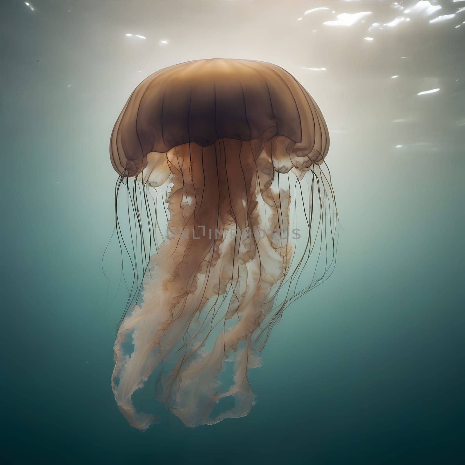 Transparent jellyfish with long tentacles float beautifully in the blue water