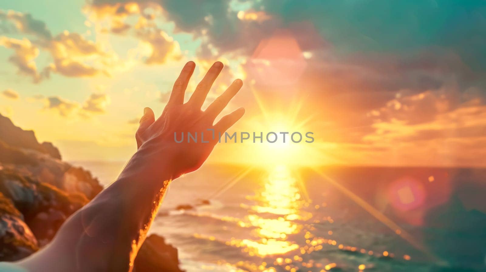 Man stands on the beach, reaching towards the sunset, surrounded by colorful skies and a sense of freedom and tranquility