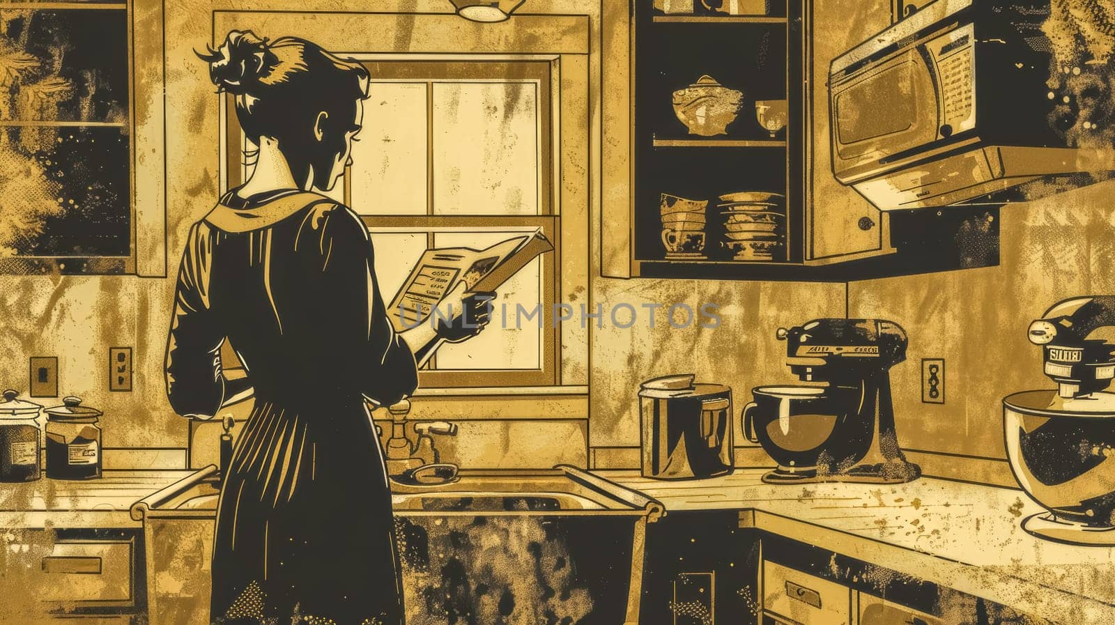 Woman wearing a dress is standing in her vintage kitchen, reading a cookbook and preparing to cook. The illustration has a limited color palette and a mid-century modern style