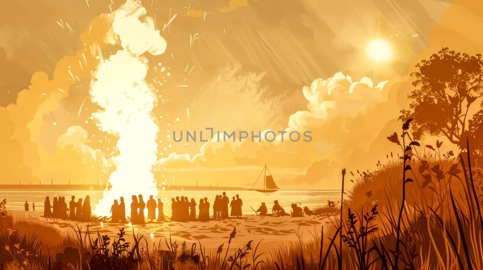 People gathering around a bonfire on the beach at sunset, celebrating summer solstice. Laughter and joy fill the air as the community comes together in this ancient tradition