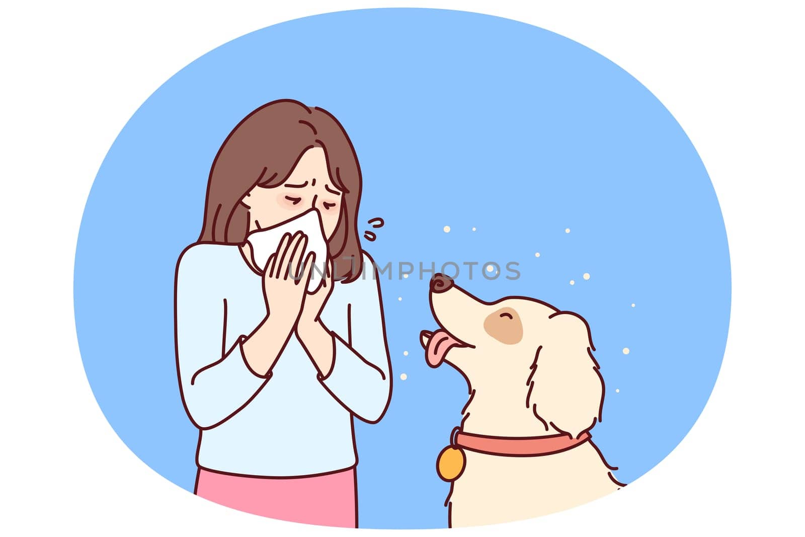 Little girl with dog suffers from allergies and uses handkerchief when communicating with beloved pet. Teenager child blows nose into paper napkin due to allergies or rhinitis caused by dog hair