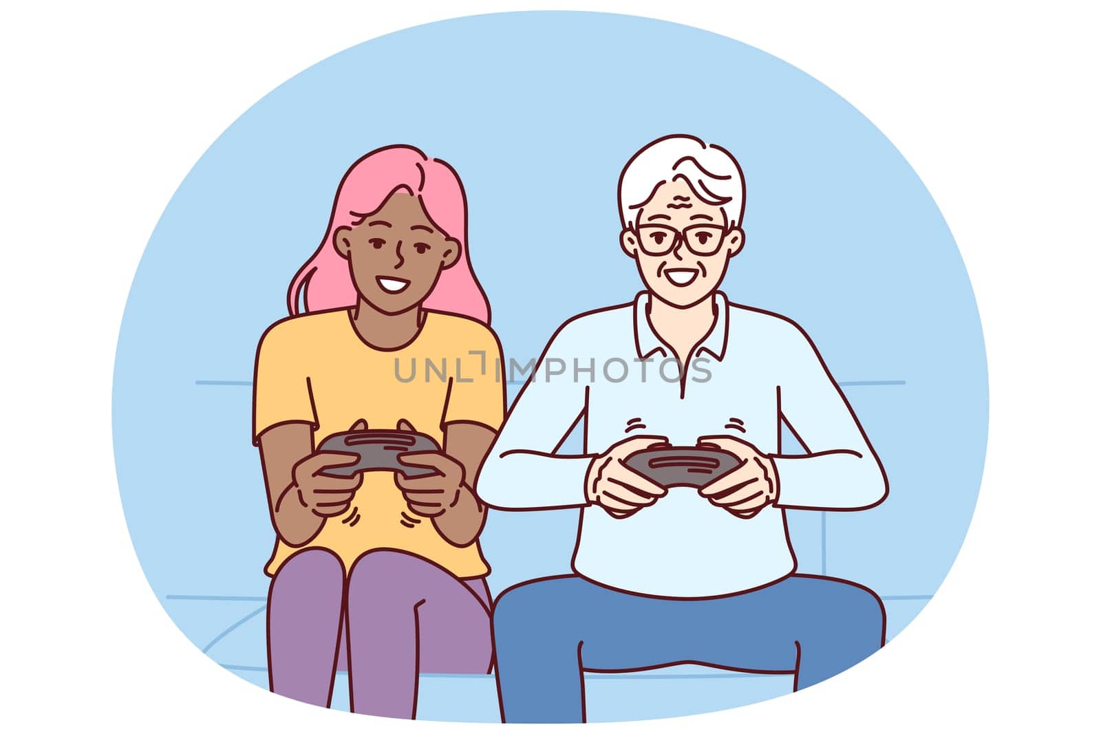 Diverse man and woman with joysticks are sitting on sofa playing game fighting virtual characters. Elderly human and African American girl play multiplayer console game spending weekend together