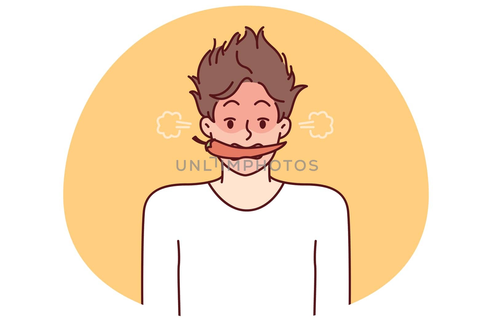 Man with hot chili or in teeth blushes and blows smoke from ears for metaphor of anger and negative emotions. Young guy with shaggy hair with hot chili pepper in mouth looks at screen