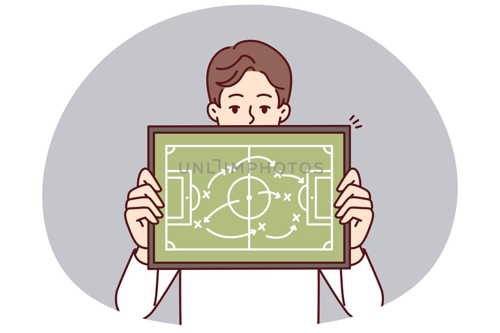 Man referee demonstrates plan for placement of football players teaching athletes tactics of conducting game in soccer. Guy football manager gives recommendation on tactics and strategy of match