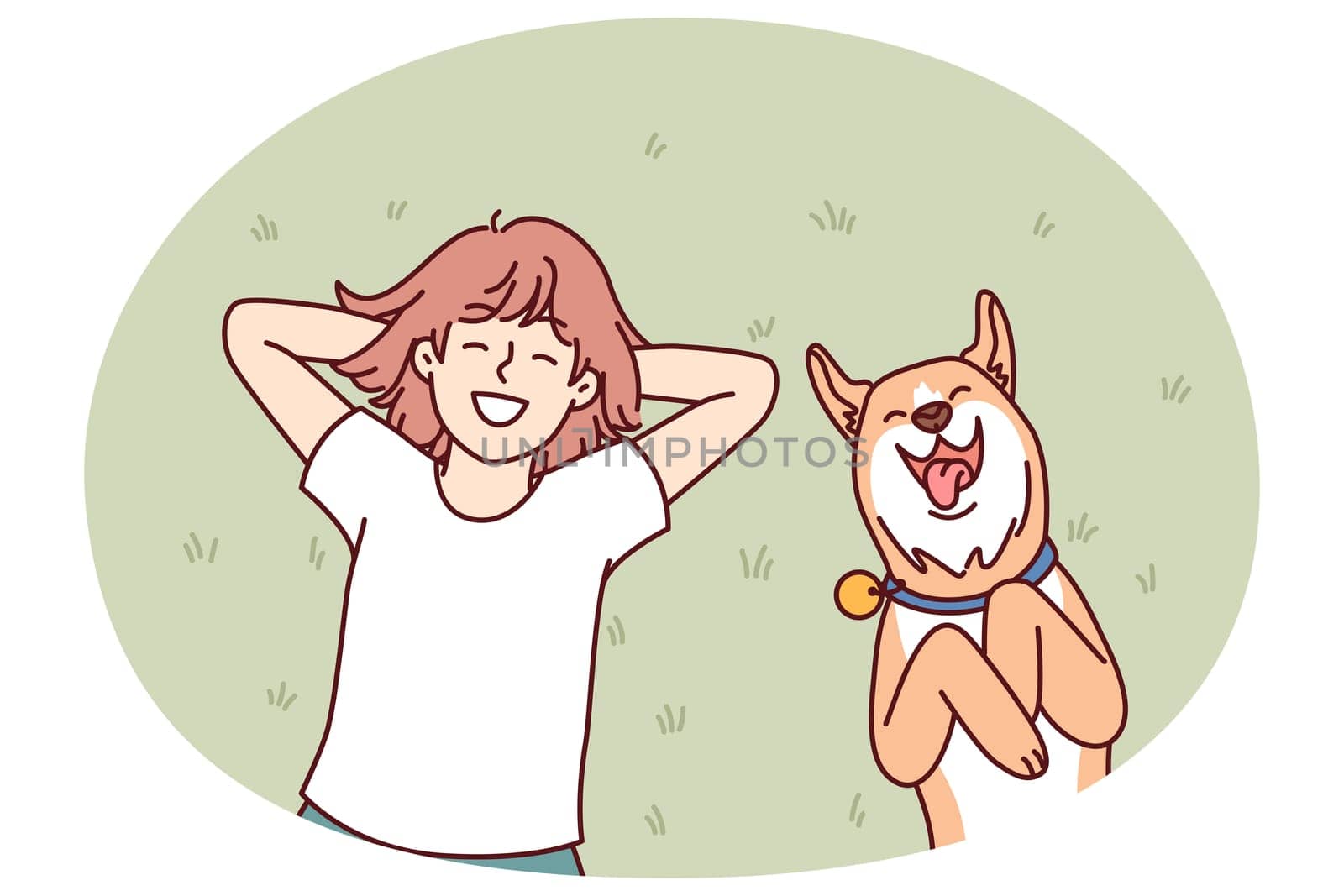 Little girl and dog lie on grass in backyard of house and enjoy sunny summer day. Laughing teenage girl with red dog shiba inu relaxing on lawn enjoying local pastime during vacation
