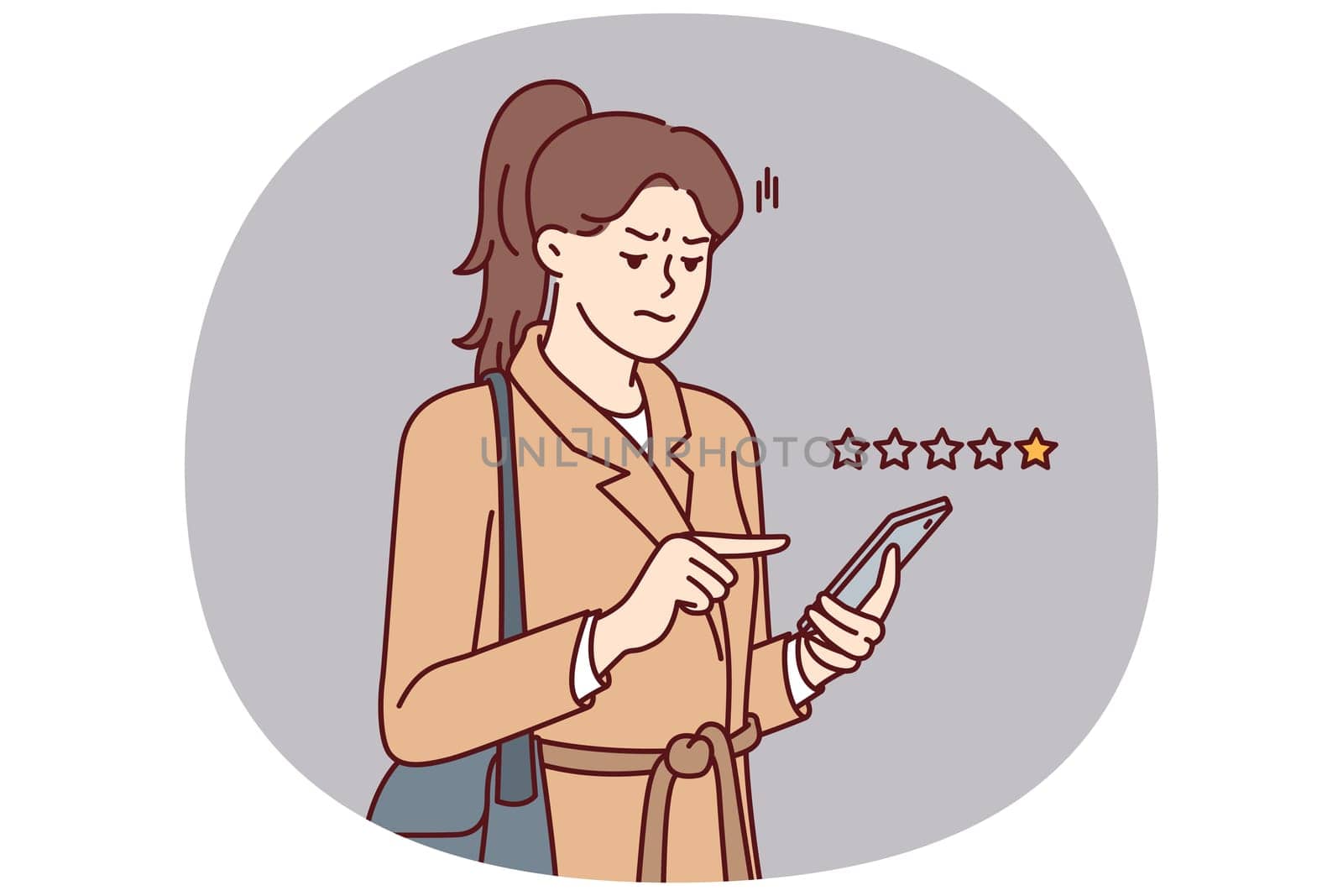 Woman with phone shares user experience by giving negative rating to store or restaurant. Girl uses mobile application on smartphone to put one star and lower company rating due to poor service