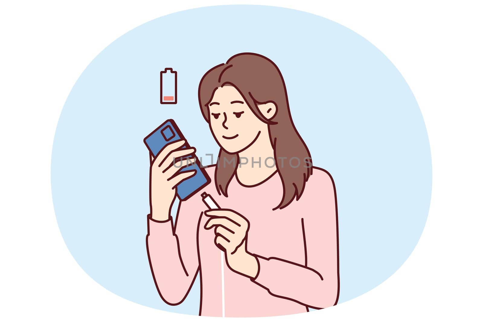 Woman holding smartphone uses cable to charge battery after seeing red indicator of dead accumulator. Girl with mobile phone connects type-c or usb mini wire for fast battery charging