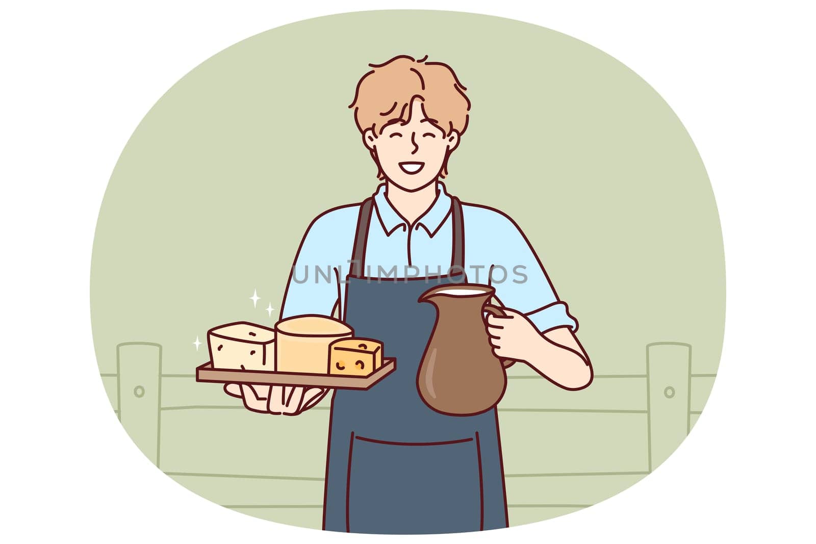 Man holds jug of milk and tray of cheese from cow farm selling own organic food. Guy wearing apron working on cow farm offers to buy organic dairy products with useful nutritional vitamins.