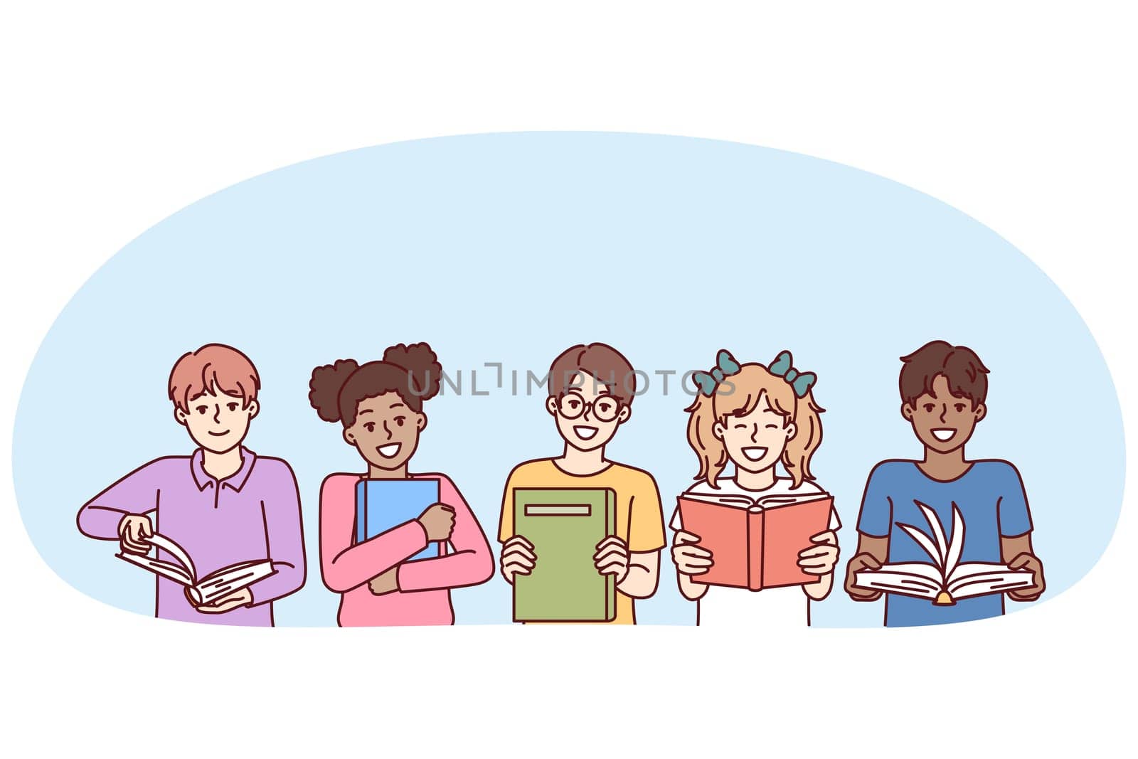 Little diverse kids with books smile and look at screen for happy childhood concept. Children boys and girls, elementary school students read textbooks given by teacher for extracurricular education