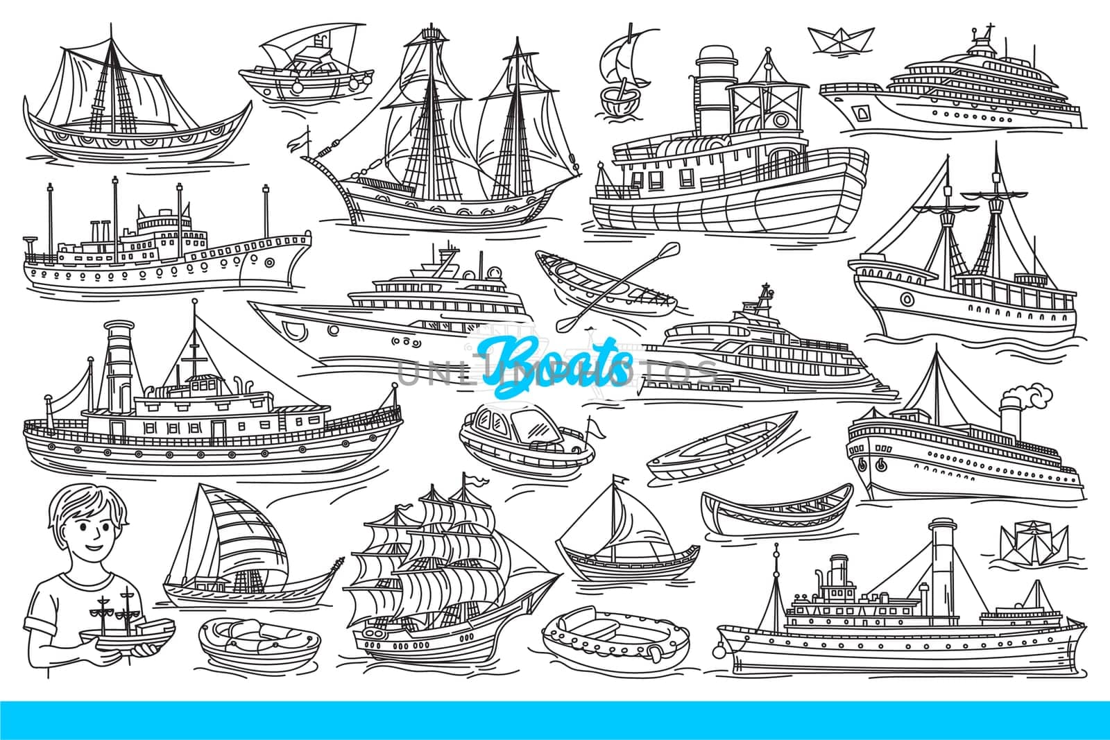 Sea vessels and boats or ships floating in ocean due to motor or wind force. Boy is interested in collecting toy ships and launches or yachts traveling along rivers and lakes. Hand drawn doodle