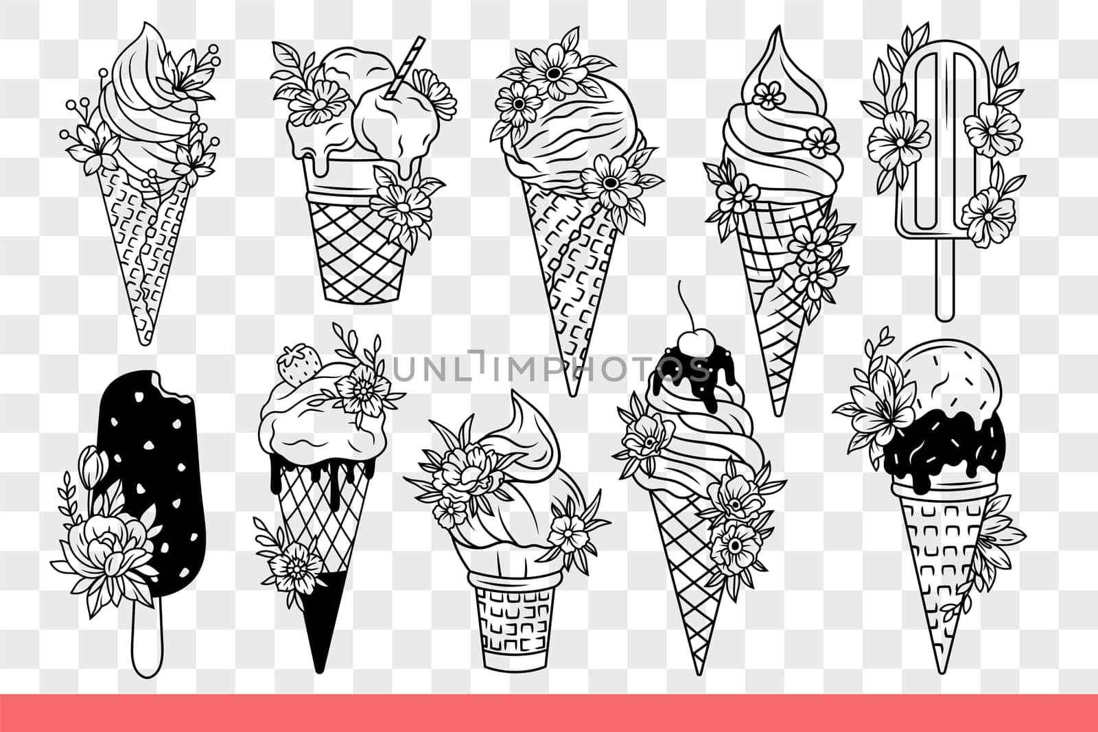 Sweet ice cream on stick or in waffle cup is decorated with summer flowers. Delicious dessert ice cream made from natural milk to quench thirst and hunger in hot weather. Hand drawn doodle