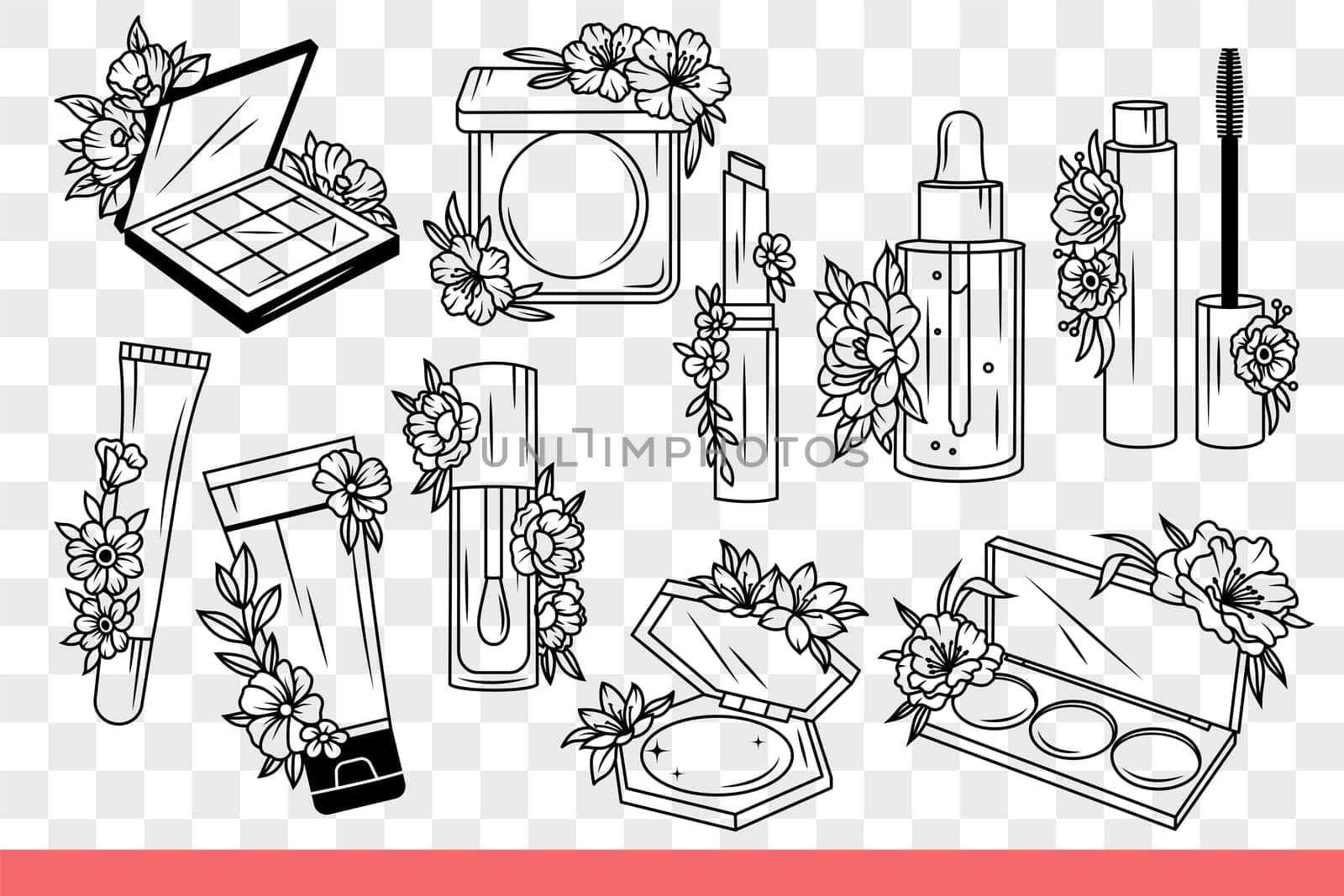 Cosmetics for makeup and skin care or creating fashionable feminine look. Cream and eye shadow or lipstick with powder decorated with flowers, from cosmetics store. Hand drawn doodle