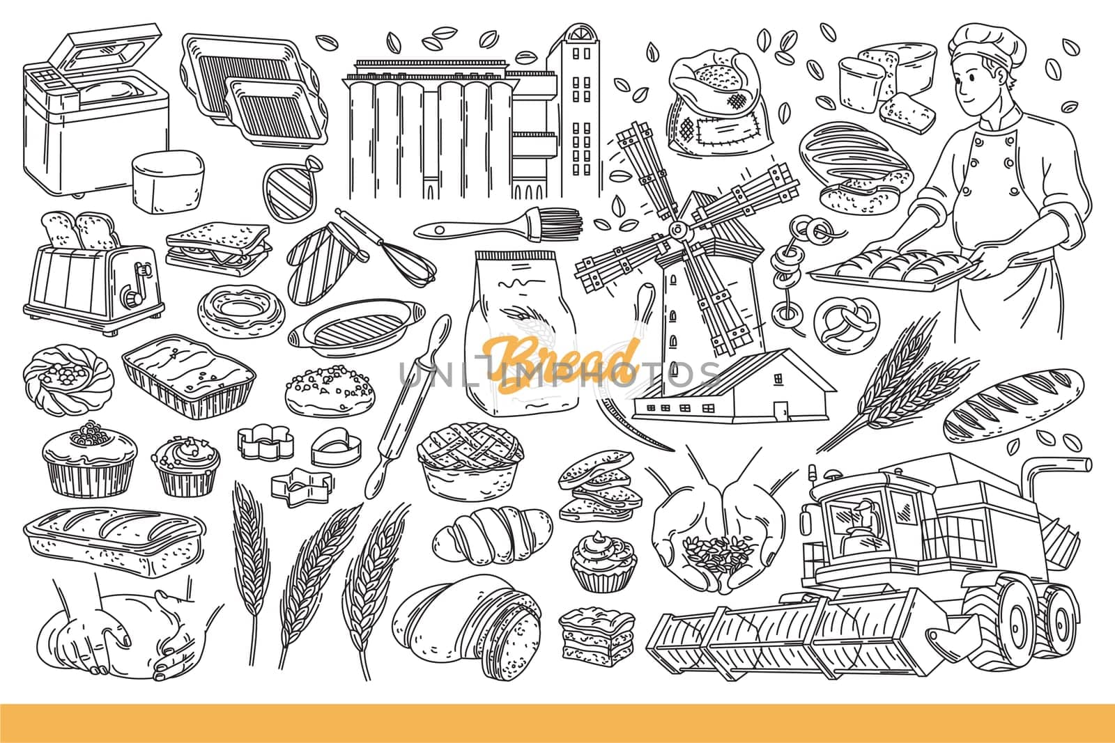 Production and consumption of bread from wheat and grain, for decorating bakery. Agricultural combine collecting spikelets from field and mill producing flour for baking bread. Hand drawn doodle