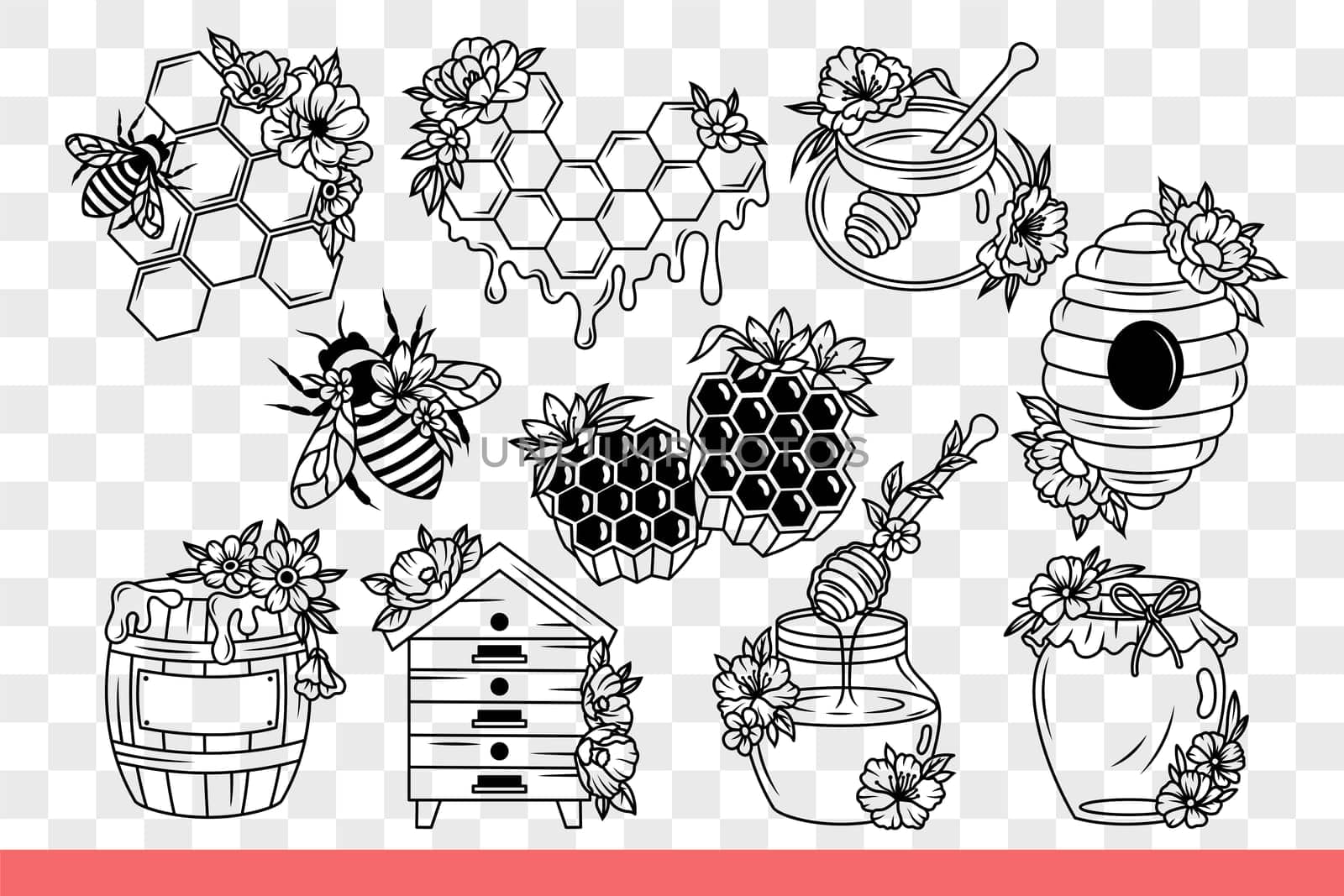 Bee making honey near honeycombs and nest or jars with barrels filled with syrup. Honey from fresh harvest, without added sugar, collected by beekeeper in apiary. Hand drawn doodle