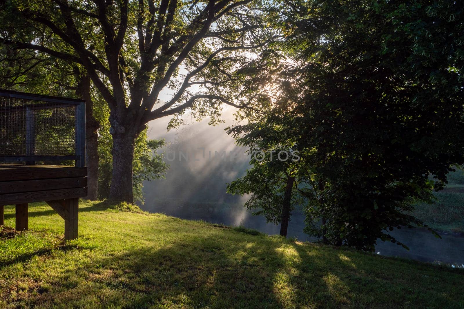 a sunrise in the mist over the pond