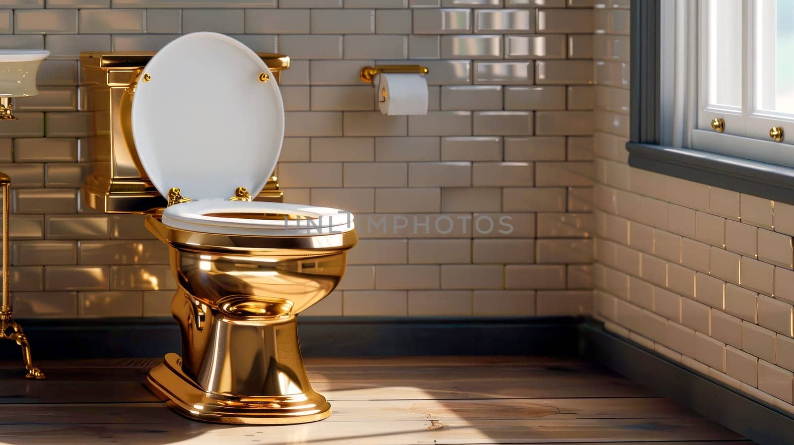 Golden toilet in luxury bathroom. Luxury toilets. AI generated