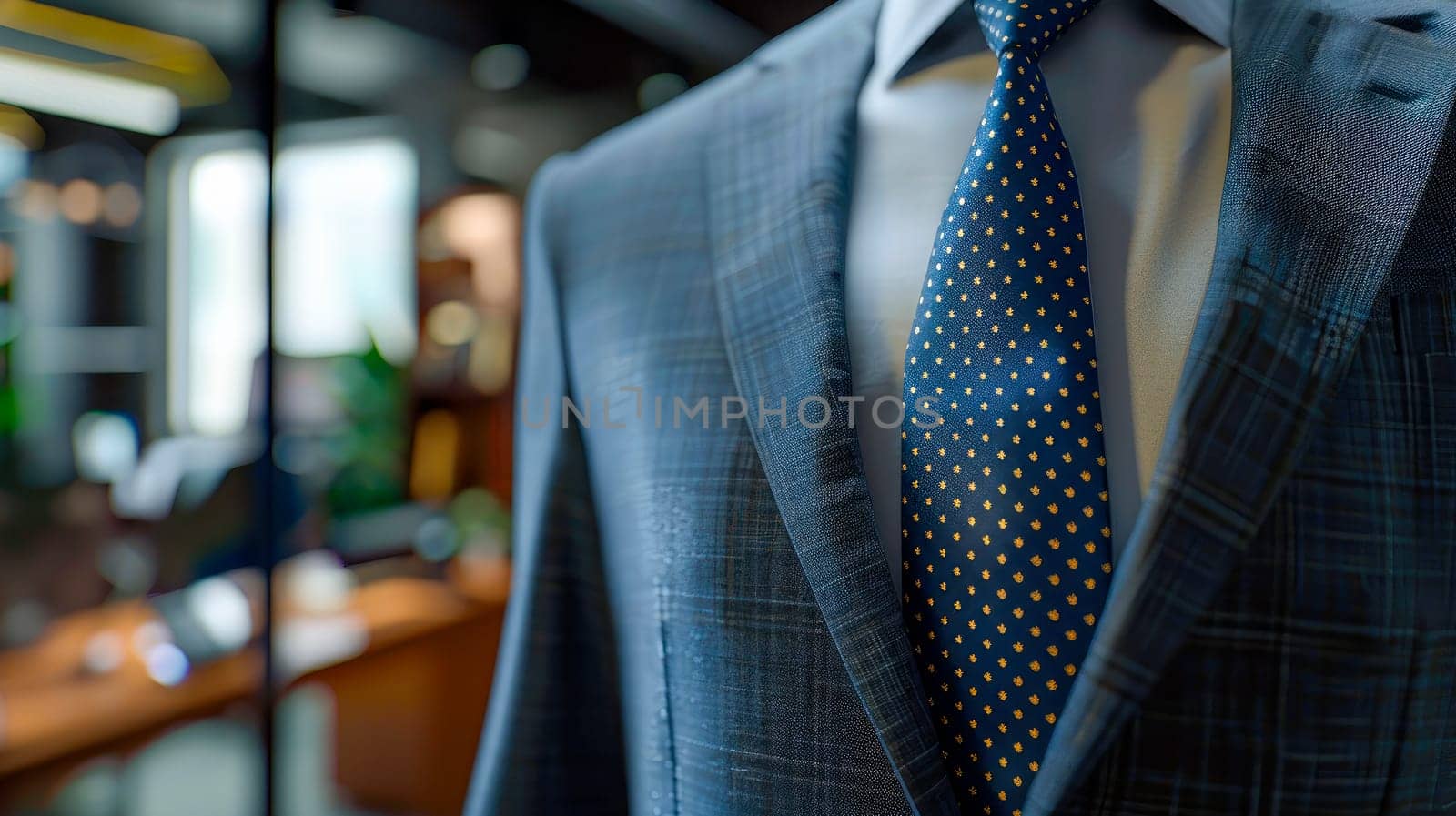 Close-up view of stylish suit with tie on empty modern office background. AI generated