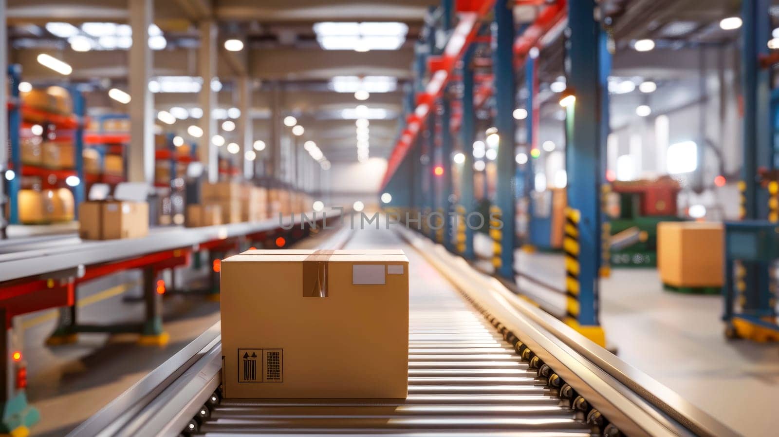 Autonomous conveyor belt sorting mechanism with artificial intelligence capabilities handling. Sorting and preparing parcels for delivery to online clients in a modern logistics warehouse. AI generated