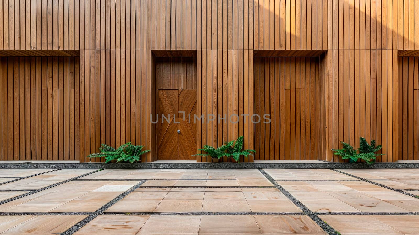 Fragment of a wooden brown modern house with an entrance door. AI generated