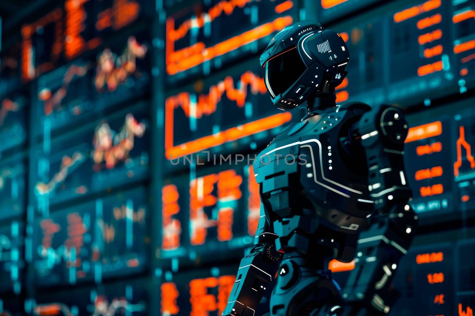 Humanoid robot analyze stock market. Using artificial intelligence to analyze business data and give advice on investment and trading. AI generated