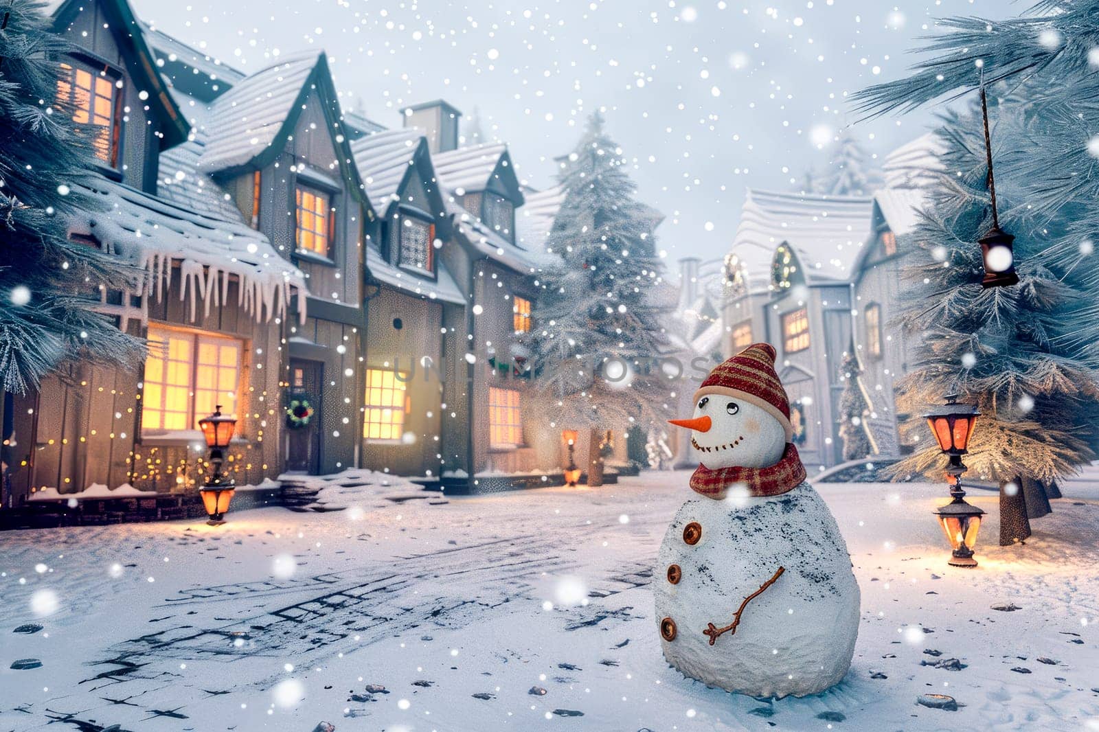 Christmas town. Merry Christmas and Happy New Year  concept with snowman standing on a street of old town. AI generated