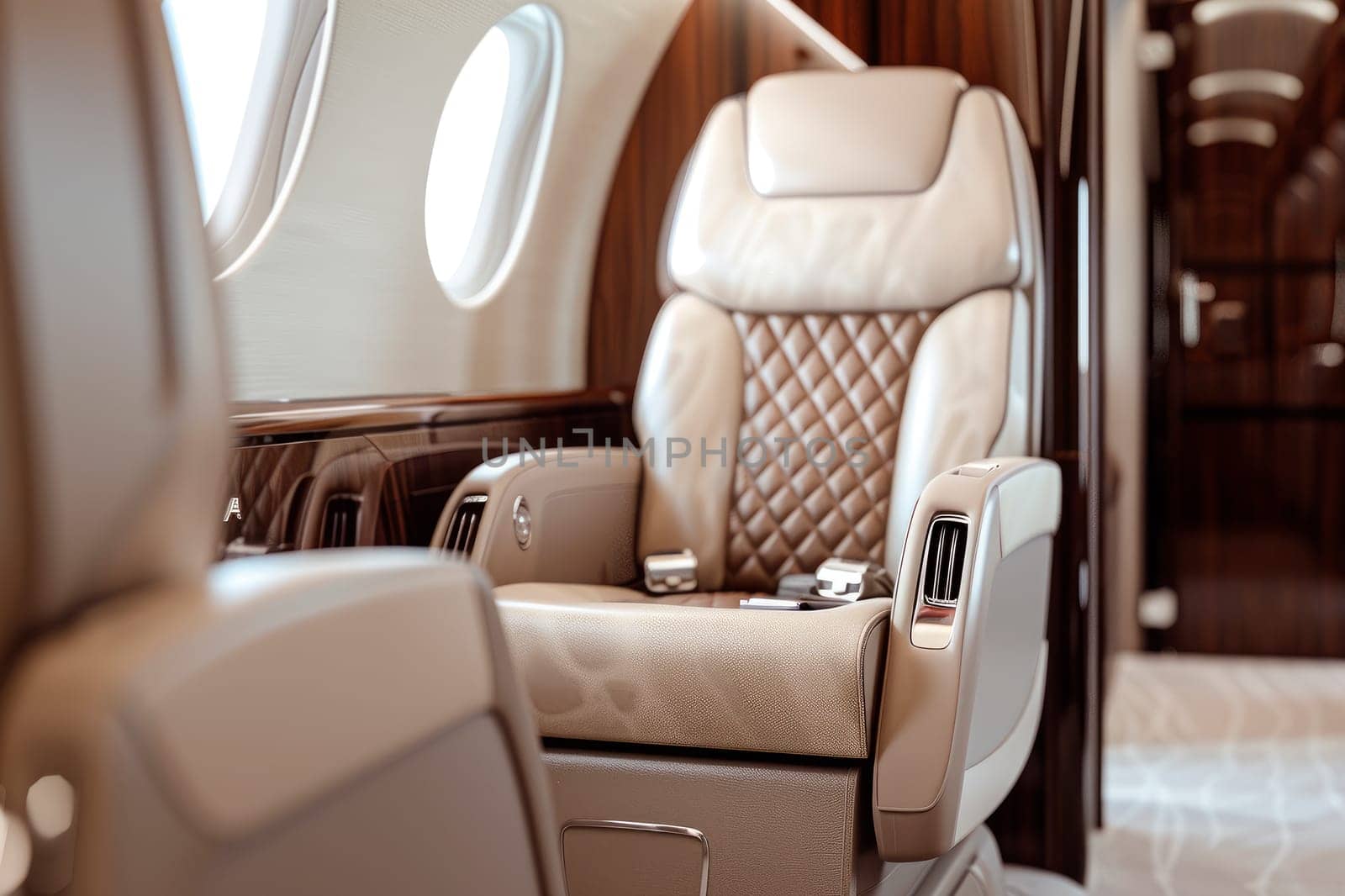 Luxury first class or business class suite on private airplane. Business comfort and eleglance chair when fly with airline. AI generated